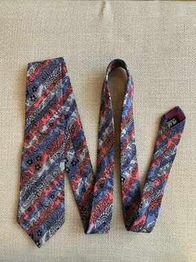 Vintage silk tie, made in Canada, paisley with diagonal stripes, orange & grey